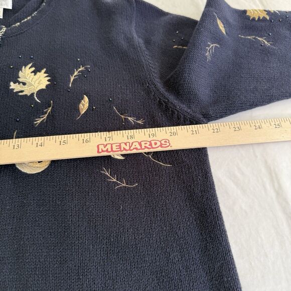 Y2K Christopher Banks Hand Embroidered Navy Gold Leaves Fall Cardigan Sweater XL - Picture 4 of 10